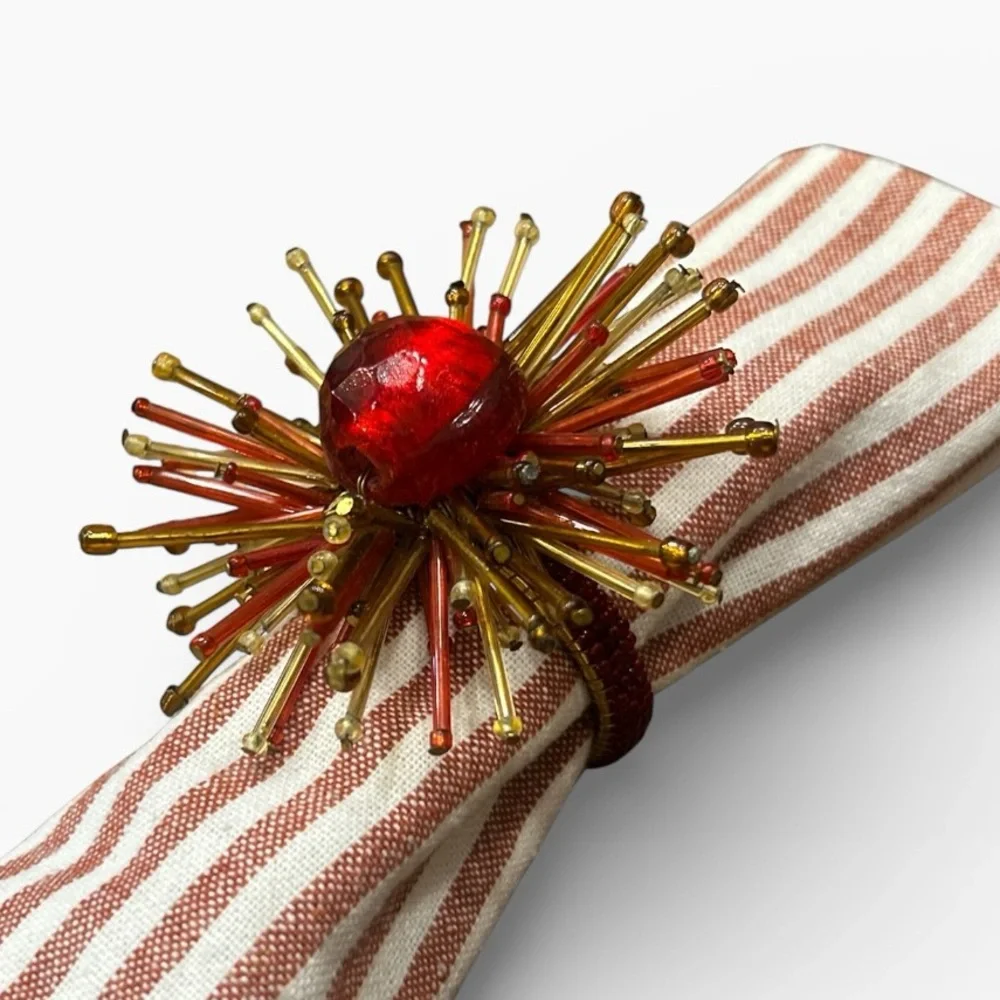 Vintage Pier 1 Atomic Starburst Red Beaded Napkin Ring Set of 6